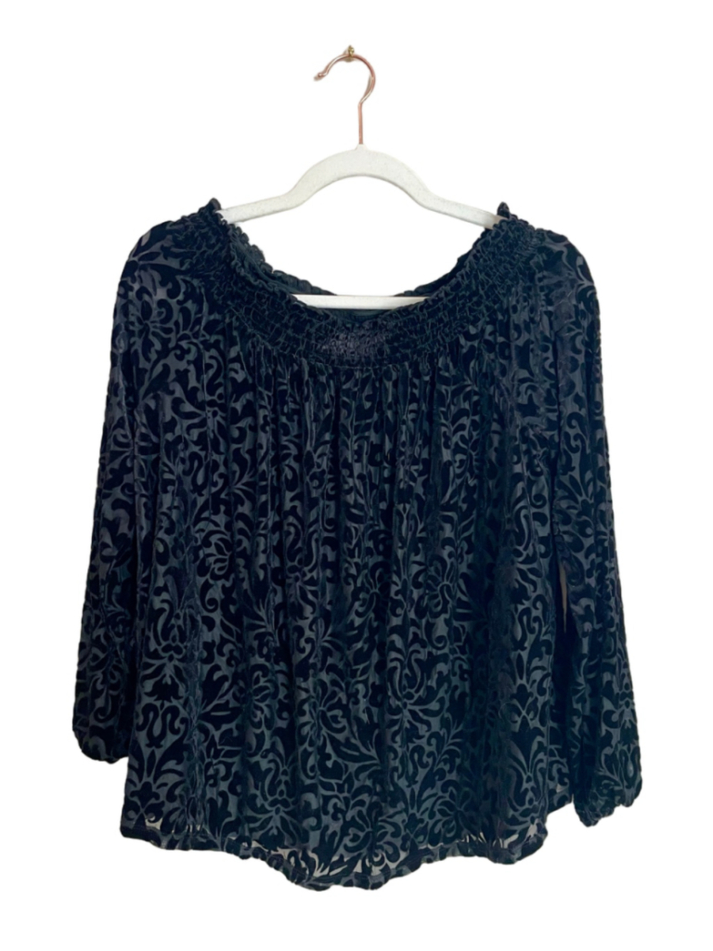 LOFT Velvet Burnout Off Shoulder Blouse Black Floral Peasant Top Size M
